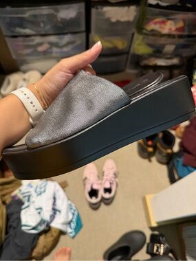 Metallic Black Slide Platform Sandals